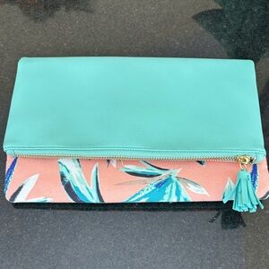 Rachel Pally Aqua and Coral Leaf Tropical Simple Fold-Over Clutch Zipper Close